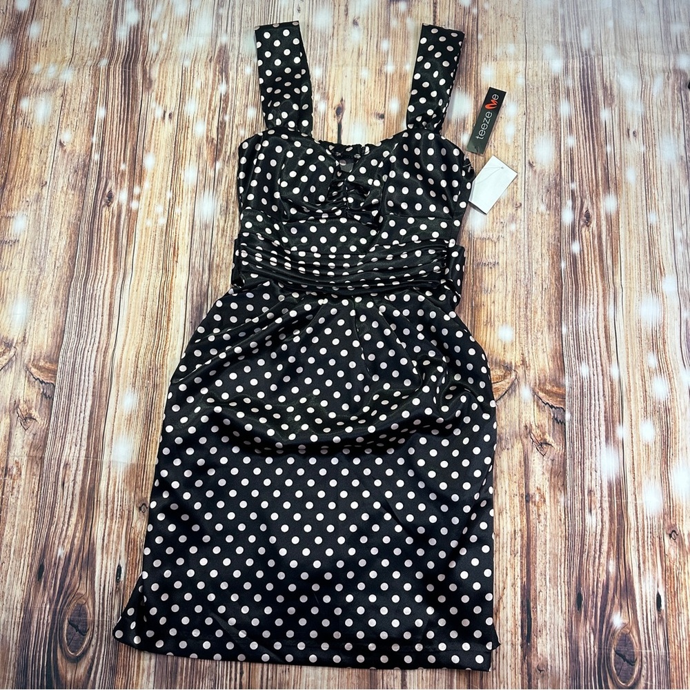 Teeze Me Black & Pink Polka Dot Satin Mini Cocktail Dress Size Small
